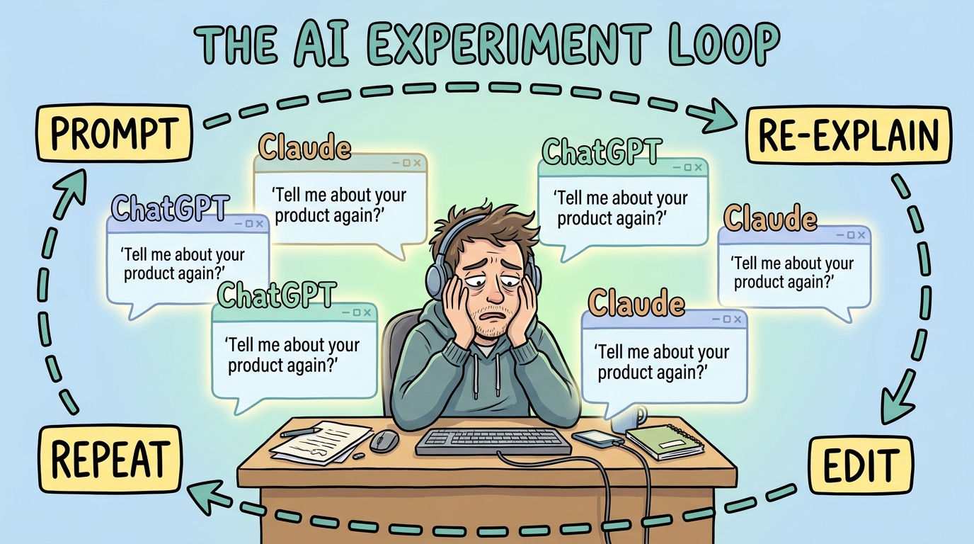 Product manager surrounded by AI chat windows all asking to re-explain product context, illustrating the experiment loop