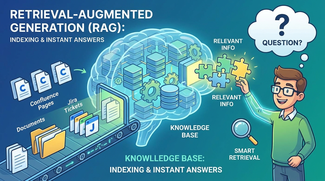 Retrieval Augmented Generation architecture showing Confluence pages, Jira tickets, and documents being indexed into a knowledge base with smart retrieval