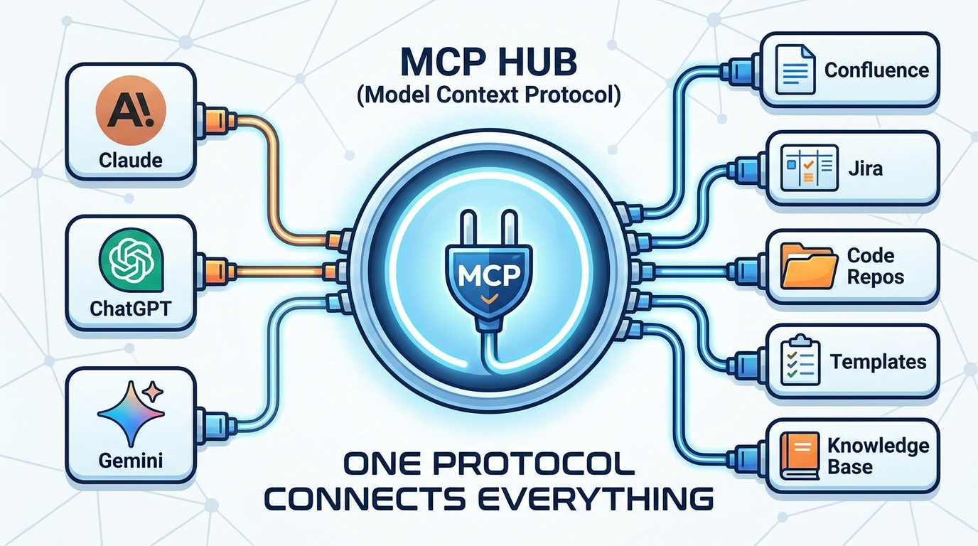 MCP Hub connecting AI clients like Claude, ChatGPT, and Gemini to product tools like Confluence, Jira, code repos, and templates