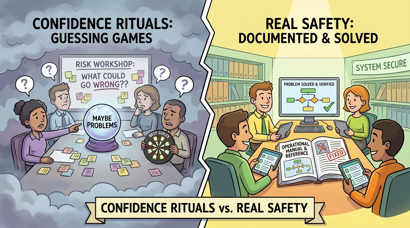 Confidence rituals vs. real safety: risk workshops guess at problems while documented archives hold solutions.