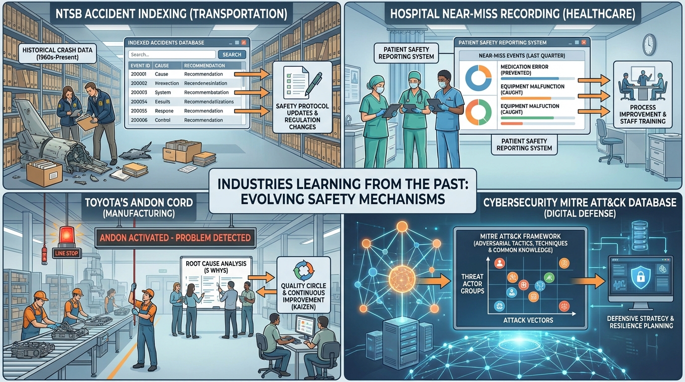 Industries learning from the past: NTSB, hospital near-miss systems, Toyota Jidoka, and MITRE ATT&CK.