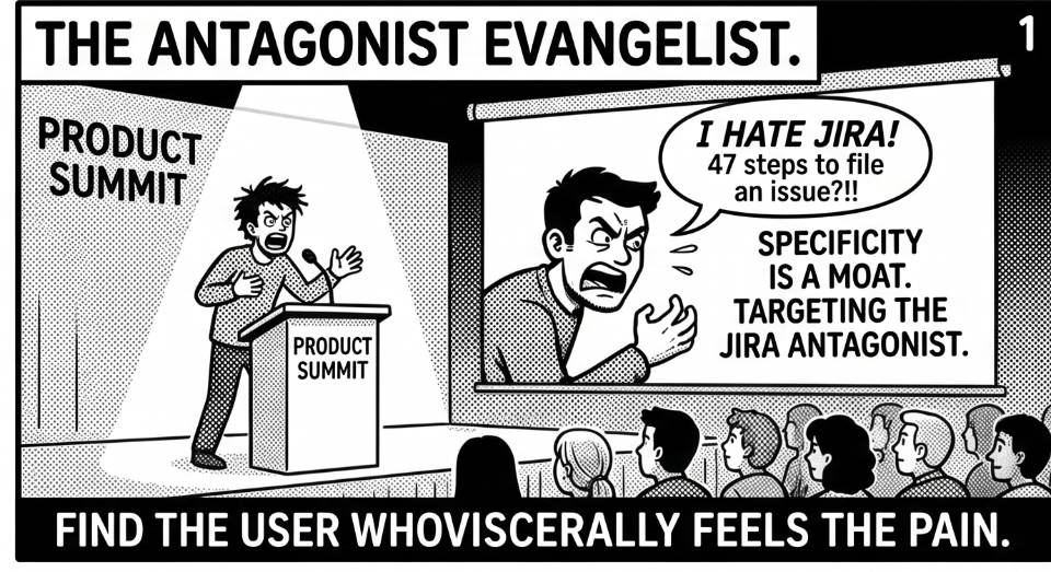 The Antagonist Evangelist: Find the user who viscerally feels the pain. Specificity is a moat.