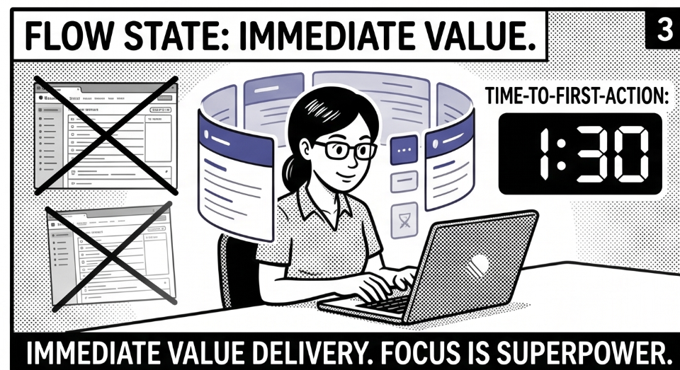 Flow State: Immediate value delivery. Focus is superpower.