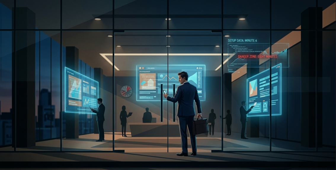 A person standing outside a modern office building looking in through glass walls
